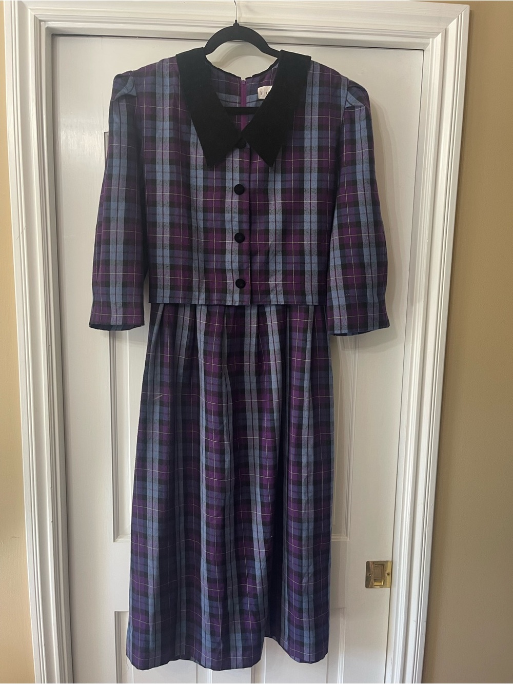 Vintage / Antique Plaid Purple Midi Dress with Black Collar